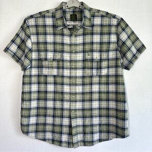 Timberland Plaid Shirt Mens XL Linen Cotton Short Sleeve Button Up Pockets